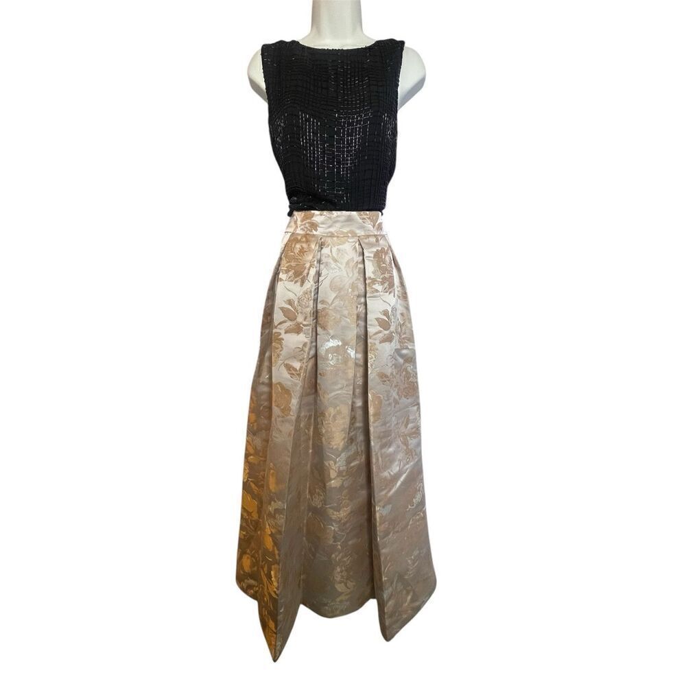 Eliza J Ball Gown Maxi Skirt Gold Cream Floral Brocade